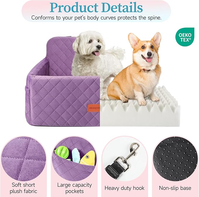 Dog Car Seat for Medium/Large Dogs, Pet Booster Seat for Under 55 lbs or 2 Small Dogs, Detachable & Washable Dog Car Bed for Backseat with 2 Safety Leashes (Purple)-PawvioPets