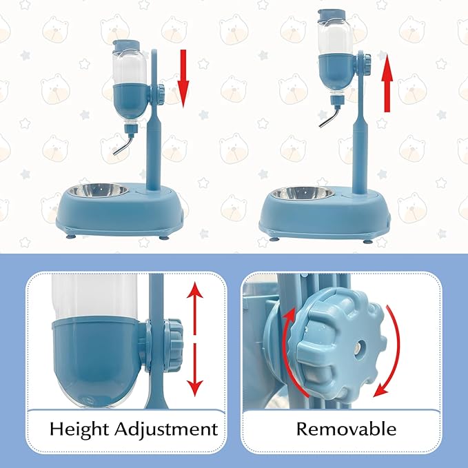 Fhiny Dog Water Feeder Bottle with Stand, Dispenser Automatic Water Food Bowl for Cage No-Drip Leak-Proof Adjustable Raised Pet Slow Water Bottle Dog Kennel Durable Drinker (Blue, 17oz)-PawvioPets