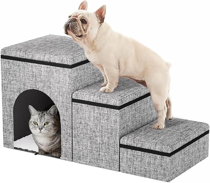 Dog Stairs with Storage, 3-Step Wider Dog Steps with Condo for Dogs and Cats, Pet Stairs for High Bed Climbing, Grey-PawvioPets