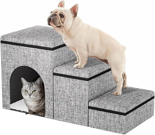 Dog Stairs with Storage, 3-Step Wider Dog Steps with Condo for Dogs and Cats, Pet Stairs for High Bed Climbing, Grey-PawvioPets