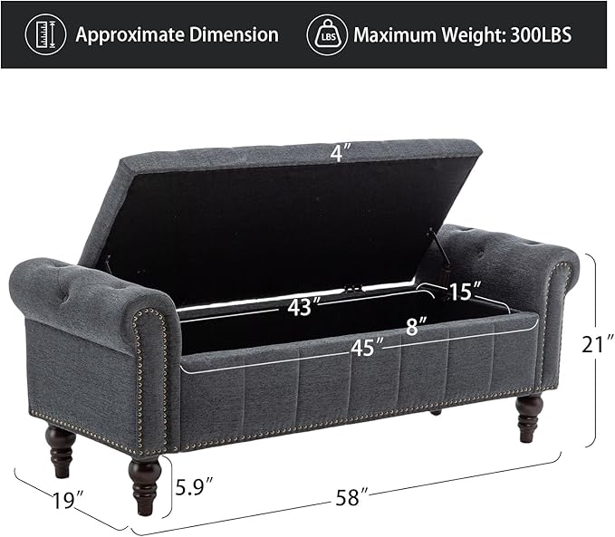 58’’ Storage Bench for Bedroom, Upholstered Button-Tufted Ottoman with Solid Wood Legs, Large End of Bed Shoe Cabinet, Window Seat Foot Rest Stool for Entryway, Closet, and Living Room (Dimgray)-PawvioPets
