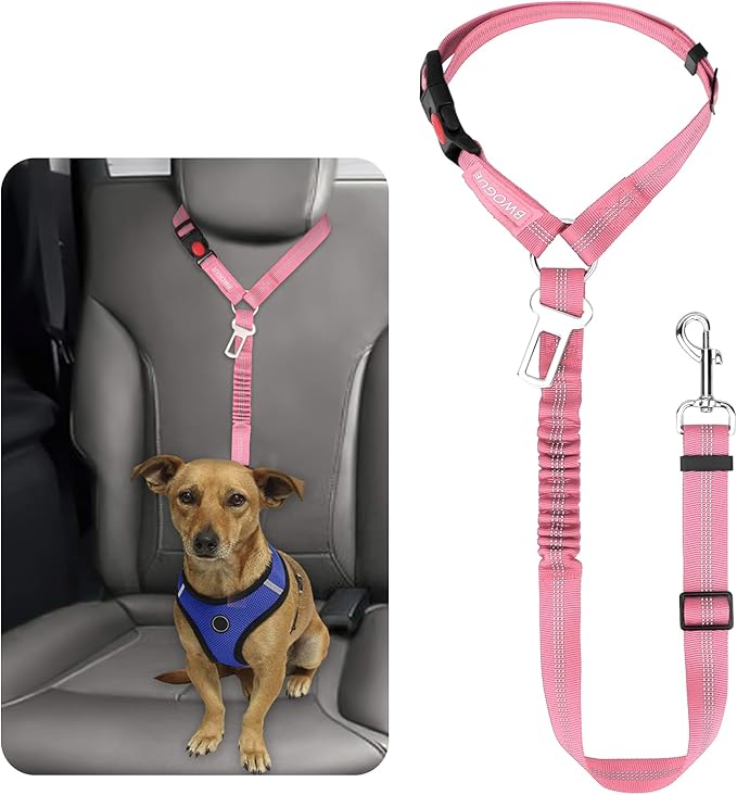 BWOGUE Pet Dog Cat Seat Belt Reflective Car Dog Headrest Restraint Leash Elastic Buffer Bungee Adjustable Tangle-Free Safety Leads Vehicle Seatbelt Harness for Small, Medium and Large Dogs (1 Pack)-PawvioPets