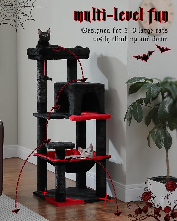 Gothic Cat Tree with Super Large Hammock, 45.7" Black Cat Tower with Coffin Bed, Cat Condo, Sisal Scratching Posts & Top Perch, Multi-Level Goth Cat Tree, Halloween, Black-PawvioPets