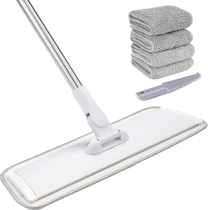 18" Professional Microfiber Mop Floor Cleaning System, Flat Mops with Stainless Steel Handle, 4 Reusable Washable Mop Pads, Wet and Dust Mopping for Hardwood, Vinyl, Laminate, Tile Cleaning (White)-PawvioPets