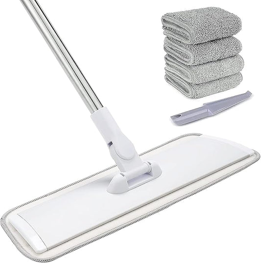 18" Professional Microfiber Mop Floor Cleaning System, Flat Mops with Stainless Steel Handle, 4 Reusable Washable Mop Pads, Wet and Dust Mopping for Hardwood, Vinyl, Laminate, Tile Cleaning (White)-PawvioPets