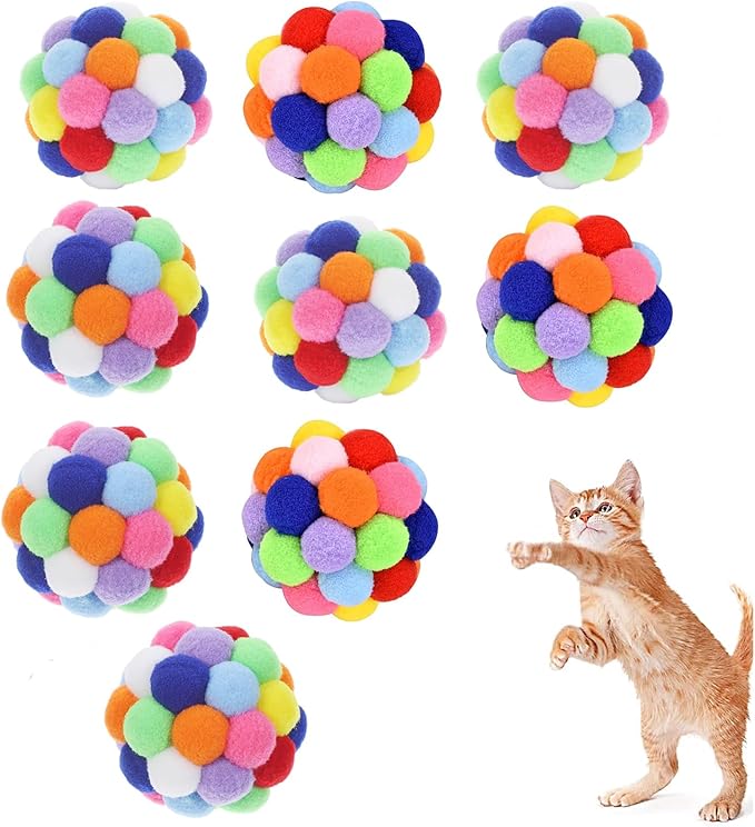 9PCS Cat Toy Balls, 1,75'' Soft Pom Pom Ball for Kittens, Colorful Soft Fuzzy Balls Built-in Bell for Cats, Interactive Playing Chewing Toys for Indoor Cats and Kittens, Cute Kitten Kitty Toys-PawvioPets