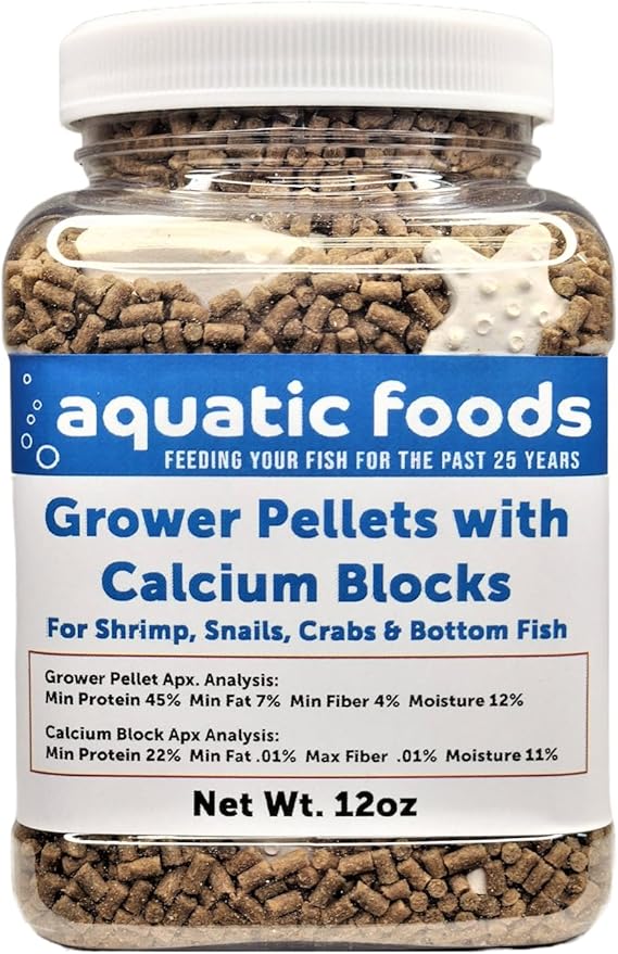 Aquatic Foods Inc. Shrimp Grower 45% Protein 1/16" x 3/8" Sinking Pellets with 15 Calcium Enriched Food Disks for Shrimp, Snails, Crabs, Catfish, Plecos, Bottom Fish, All Tropical Fish...12oz Jar-PawvioPets