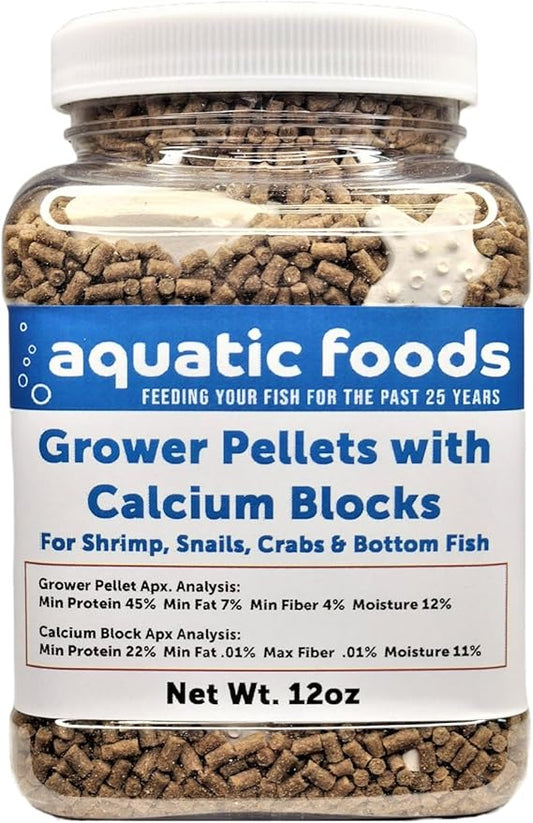 Aquatic Foods Inc. Shrimp Grower 45% Protein 1/16" x 3/8" Sinking Pellets with 15 Calcium Enriched Food Disks for Shrimp, Snails, Crabs, Catfish, Plecos, Bottom Fish, All Tropical Fish...12oz Jar-PawvioPets