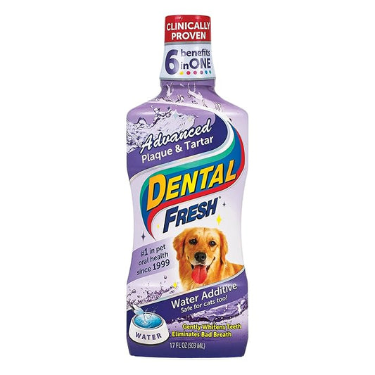 Dental Fresh Advanced Plaque and Tartar Water Additive, 17oz – Dog Teeth Cleaning Formula to Freshen Breath and Improve Cat & Dog Dental Care-PawvioPets
