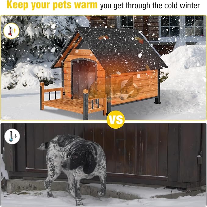 AIVITUVIN Outdoor Dog House Insulated Liner with Anti-Chewing Iron Surround Dog Kennel Dog Shelter Weatherproof (Brown, 45" D x 32.9" W x 32.6" H)-PawvioPets