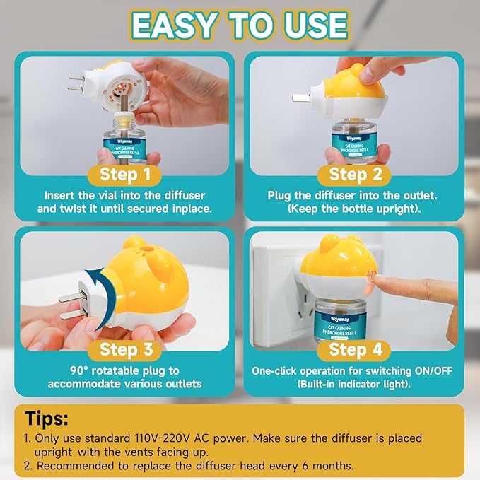 Cat Calming Diffuser - Cat Pheromones Calming Diffuser for Cat Anxiety Relief 6-in-1 Cat Pheromone Diffuser Kit with 2 Diffuser + 4 Refill 48ml Vial - 120 Days Pheromone Diffuser to Calm Cats-PawvioPets