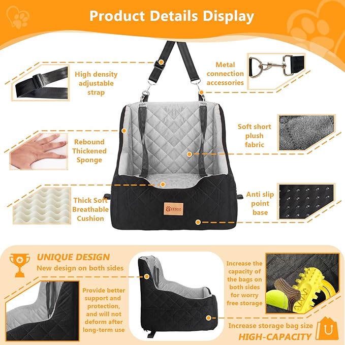Dog Car Seat for Small/Medium Dogs Under 40lbs, Dog Booster Car Seats Memory Foam and Velvet, Detachable and Washable Pet Booster Carseats with Clip-On Satebelt and Storage Bag.(Black/Gray)-PawvioPets