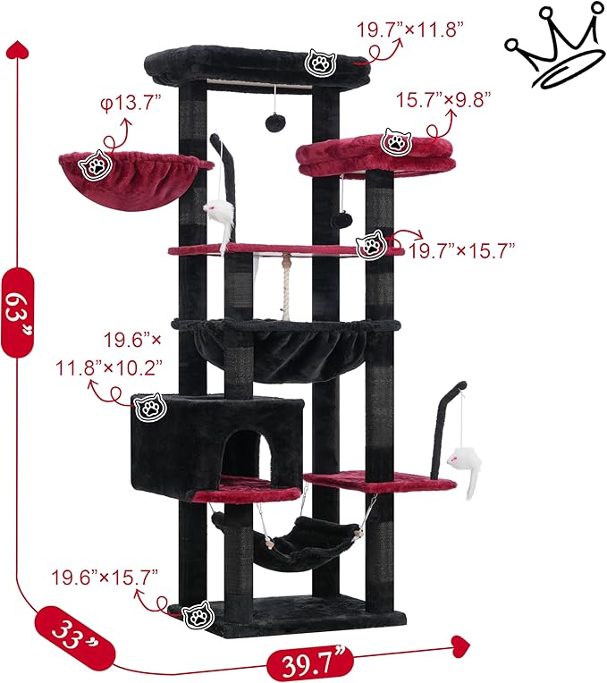Gothic Cat Tree, Cat Tower for Large Cats with 2 Big Platforms, 2 Baskets, condo and Toys, 63" Cat Scratching Posts for Indoor Cats, Black and red GCT020BR-PawvioPets