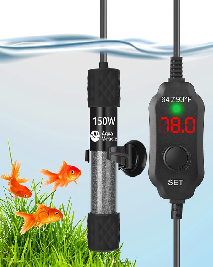 AquaMiracle Adjustable 150W Aquarium Heater Submersible Fish Tank Heater Super Short Aquarium Heater with LED Digital Display Thermostat, for Tanks 15-30 Gallons-PawvioPets