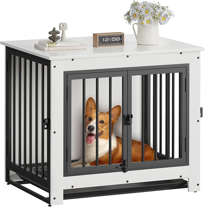 Dog Crate Furniture, Dog Crate End Table for Small and Medium Dogs,Wooden Cage Kennel Furniture Indoor, Modern Dog Crate with Multi-Purpose Removable Tray, Double-Doors Dog Furniture, White-PawvioPets