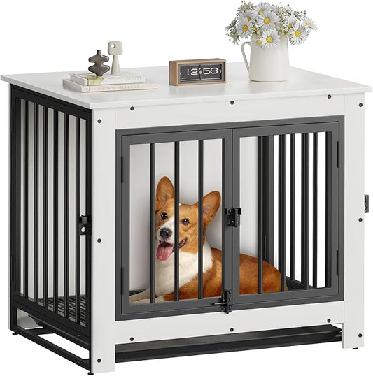 Dog Crate Furniture, Dog Crate End Table for Small and Medium Dogs,Wooden Cage Kennel Furniture Indoor, Modern Dog Crate with Multi-Purpose Removable Tray, Double-Doors Dog Furniture, White-PawvioPets