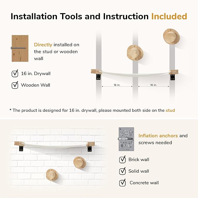 FUKUMARU Cat Wall Furniture, 2 PCS Climbing Shelves Set, Solid Rubber Wood Cat Shelf, Cats Perches for Wall Sleeping, Playing, Jumping and Lounging, 16 inch Drywall Installation-PawvioPets