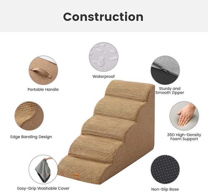 Gardner Pet Dog Stairs for Small Dogs 22.8" H, 5-Step Brown Curved Pet Stairs, Dog Steps for High Bed, Couch (24-30 in) with Durable Non-Slip Waterproof Fabric Cover and CertiPUR-US Certified Foam-PawvioPets