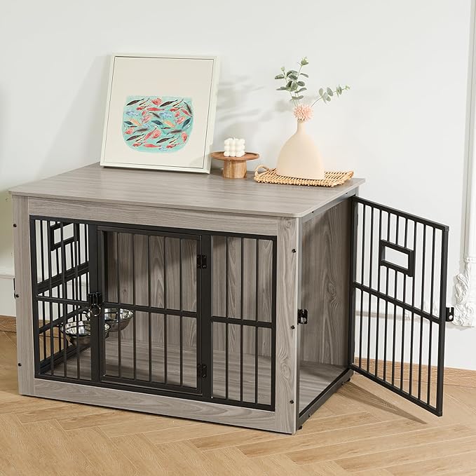 Gardner Pet Dog Crate Furniture for Medium Dogs, 38.8 Inch Dog Kennel Indoor, Wooden Dog Cage End Table with 2 Removable Bowls, Heavy Duty Dog Crate, Rustic Grey-PawvioPets