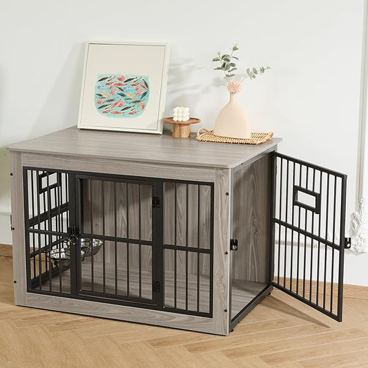 Gardner Pet Dog Crate Furniture for Medium Dogs, 38.8 Inch Dog Kennel Indoor, Wooden Dog Cage End Table with 2 Removable Bowls, Heavy Duty Dog Crate, Rustic Grey-PawvioPets