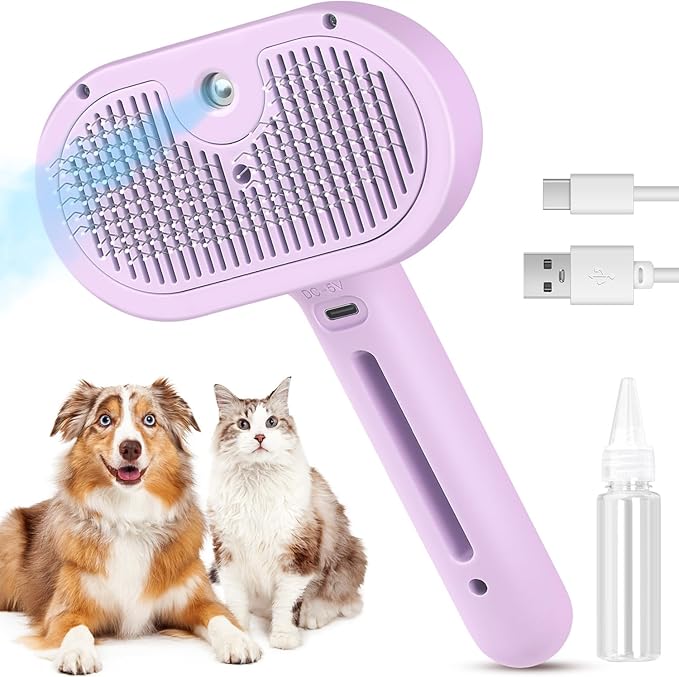3 in 1 Cat Steam Brush, Pet Spray Hair Removal Comb for Shedding & Grooming, Water Brush for Cats Dogs Small Animals Long Short Haired with One-Click Release Button(Purple)-PawvioPets