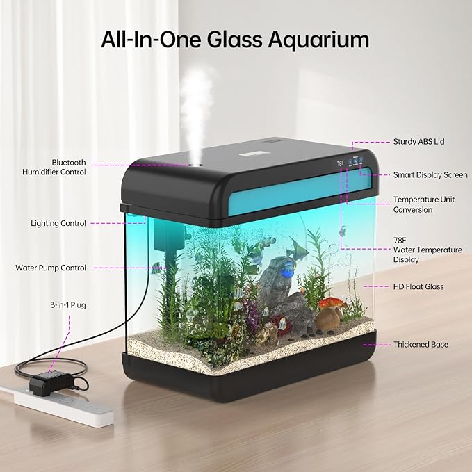 Fish Tank Aquarium 6.3 Gallon Fish Bowl with Music Humidifier 7 Color Auto-Looping Light Adjustable Quiet Pump, Temperature Display, Bottom Water Changer, HD Float Glass, Leak-Proof Thickened Base-PawvioPets