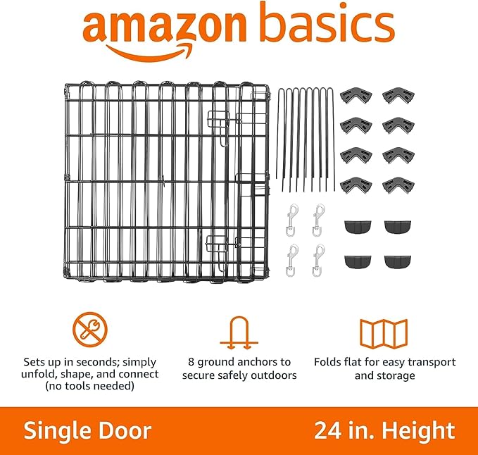 Amazon Basics Foldable Octagonal Metal Exercise Puppy / Dog Playpen - Indoor/Outdoor, Single Door, Extra Small (8 Panels, 24 x 24), Easy to assemble and store, 24" - Puppy, Black-PawvioPets
