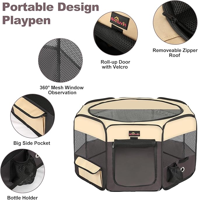 Aivituvin Portable Pet Playpen, Foldable Dog Tent Crate Cage for Puppies and Cats, Exercise Pop Up Dog Kennel with Carrying Case Indoor Outdoor, Waterproof and Zipper Top Cover Door, Brown-PawvioPets