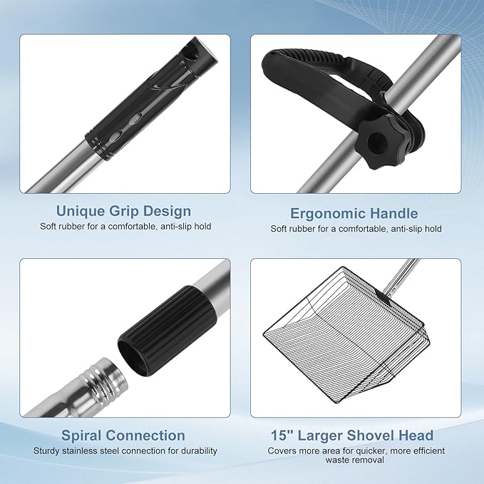 15inch Large Chicken Poop Scooper with Ergonomic Grip, 5 in 1 Adjustable Chicken Coop Pooper Shovel (24 to 76.5"), Stainless Steel Litter Sifting Shovel Scoop for Chicken Coop/Goat Stall/Stable-PawvioPets