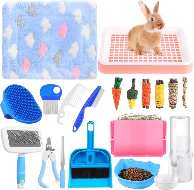 19 Pcs Rabbit Starter Kit Small Bunny Litter Box Rabbit Grooming Kit Water Bottle Bunny Toys Hay Feeder Bowl Blankets with Cleaning Set for Guinea Pig Accessories (Pink-White,Strawberry Bear)-PawvioPets