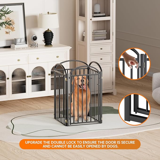 4 Panles Full Matel Freestanding Dog Gates with Door, 96"Extra Wide 36"Tall Free Standing Dog Pet Gate for Indoor & Outdoor. Foldable Pet Fences for Doorways, House, Stairs, Porch, Deck, Yard-PawvioPets