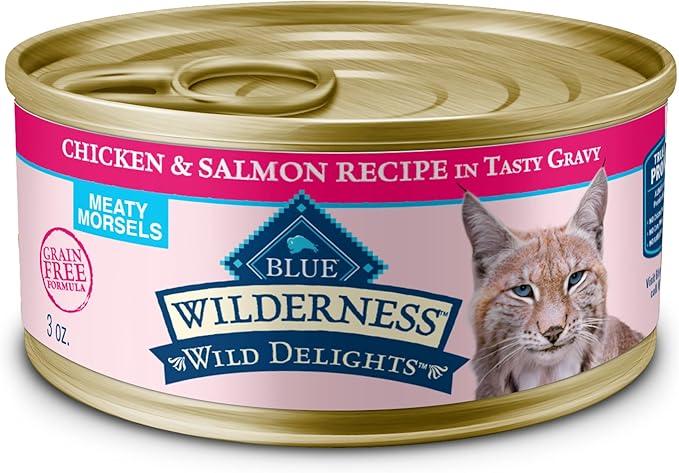 Blue Buffalo Wilderness Wild Delights Meaty Morsels Natural Wet Cat Food, Chicken & Salmon in Tasty Gravy, 3-oz. Cans, 24-Pack-PawvioPets