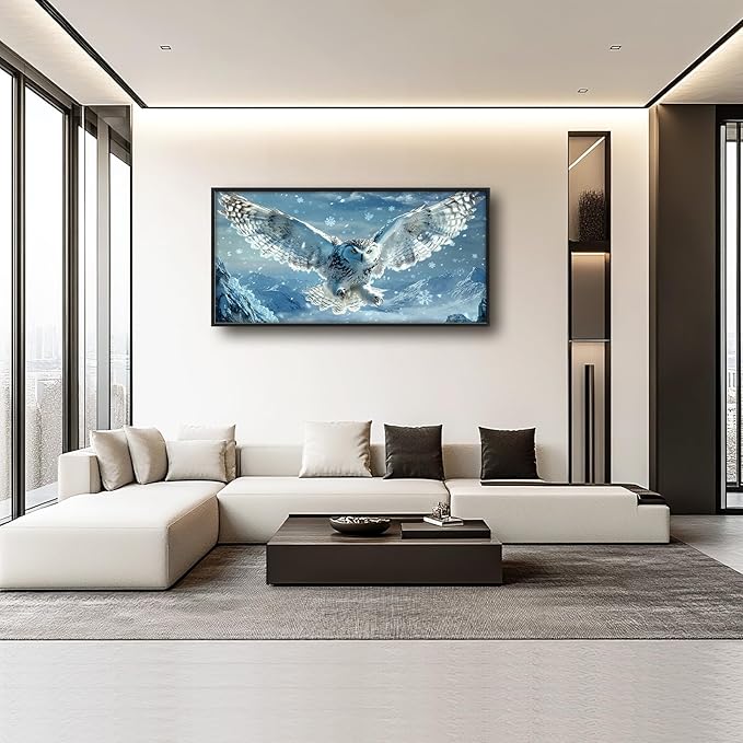 Framed Large Snowy Owl Wall Art for Living Room, Oversized Snowy Mountain Wall Decor Landscape Canvas Painting Modern Artwork Home Decoration for Living Room Bedroom Office 60"x30"-PawvioPets