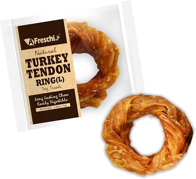 Afreschi Natural Turkey Tendon Ring (L) 1 Unit per Pack, Dog Treats for Signature Series, All Natural Human Grade Puppy Chew, USA-Sourced Turkey Tendon, Hypoallergenic, Rawhide Alternative-PawvioPets