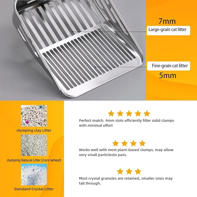 304 Stainless Steel Cat Litter Scoop, One-Piece Pressed Design with No Weld Spots, Durable Anti-Break Handle, Dual Slot Sizes, Easy to Clean, Filters Small Litter Clumps Litter Scoop-PawvioPets