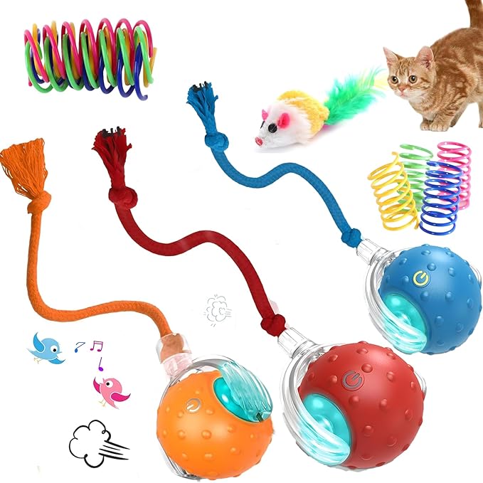 3-Pack Interactive Cat Toys Ball - 2025 New Gen with Smart Obstacle Avoidance & Auto Wake-Up,Includes 4 Speedy Tail 2.0 Ropes,Cat Spiral Spring 12Pcs, Ideal Kitten Toys for Bored Indoor Cats-PawvioPets