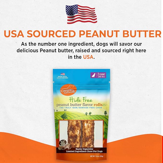 Canine Naturals Peanut Butter Chew - 100% Rawhide Free Dog Treats - Made with Real Peanut Butter - All-Natural and Easily Digestible - 2 Pack of 7 Inch Large Rolls for Dogs 50 lbs and up-PawvioPets