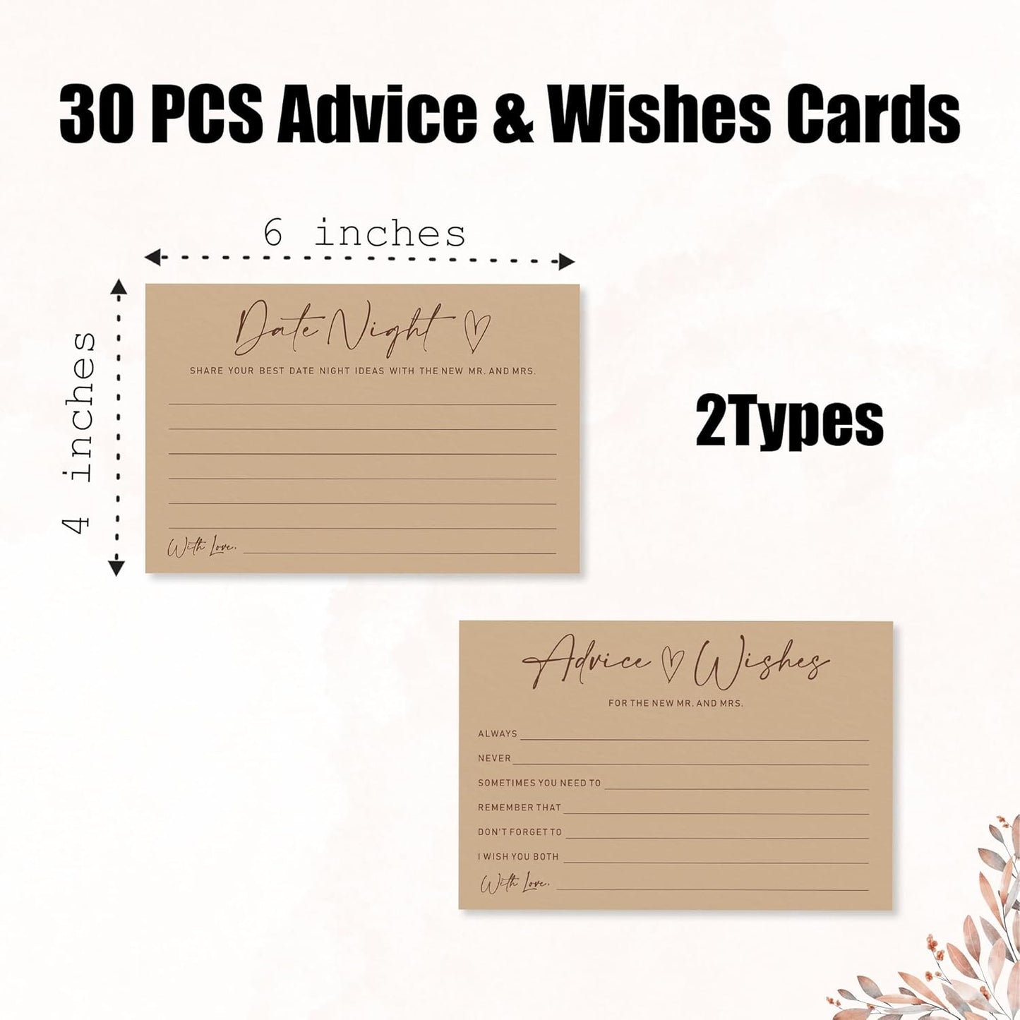 Advice & Wishes Card Set - Minimalism Brown - 15 Advice & Wishes Cards & 15 Date Night Cards Cards For New Couple, Newlyweds, Engagement, Wedding Party Favor & Supplies - B03