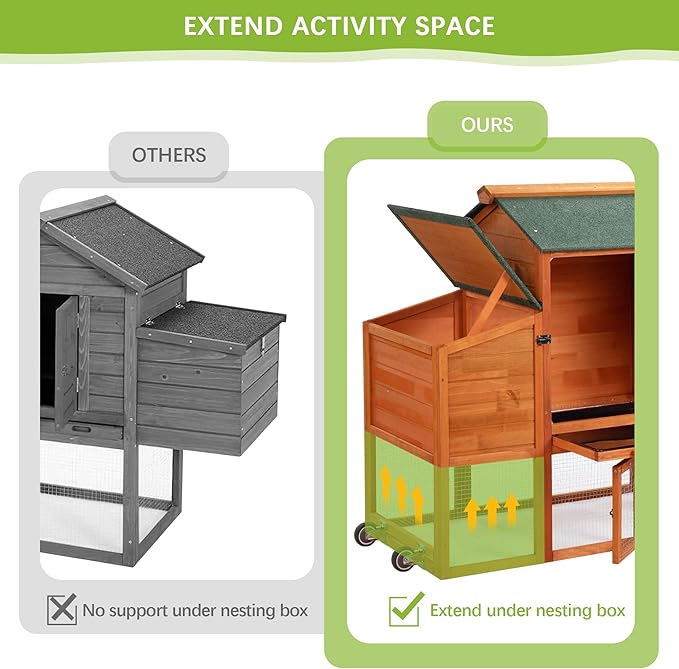 COZIWOW 82" Large Wooden Chicken Coop, Outdoor Rabbit Hutch with Wheels, Sunshine Board, Asphalt Roof, Ramp, Openable Top, Door, Window, Pull-Out Tray, Indoor Bunny Cage (Orange with Pattern)-PawvioPets