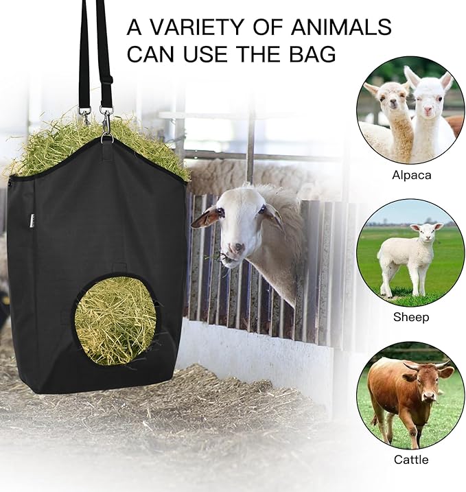 3 Packs Goat Hay Feeder,Hay Bags for Goats,Horses,Sheep,Premium 600D Oxford Cloth,with Metal Fastener and Adjustable Open Feed Hole for Slow Feeding. (3 Black)-PawvioPets