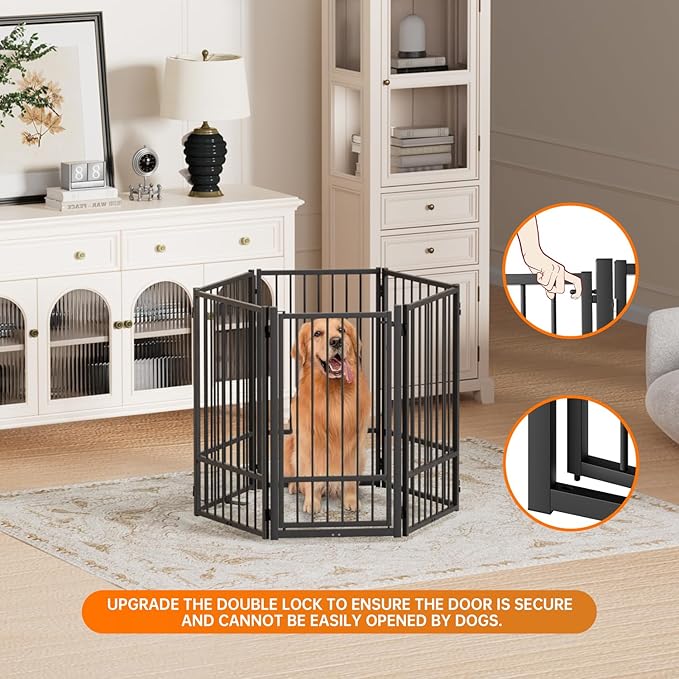 Full Metal Freestanding Dog Gate with Door, 36''Height Foldable Pet Dog Fence for Indoor & Outdoor, 6 Panels Extra Wide Free Standing TallDog Gates for Doorways,House,Stairs,Porch,Deck,Yard-PawvioPets