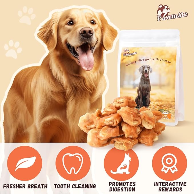 Dog Treats Chicken Wrapped Banana Slices with 1% Taurine, Healthy Training Snacks Rich in Natural Fiber, Rawhide-Free Grain-Free Soft Chews for Small Medium Dogs, 10.6oz-PawvioPets