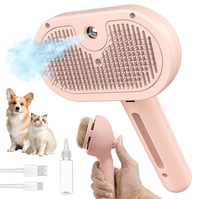 3-in-1 Self-Cleaning Steam Brush - Anti-Static, for Grooming Long & Short Pet Hair, Reduces Shedding, Pink-PawvioPets