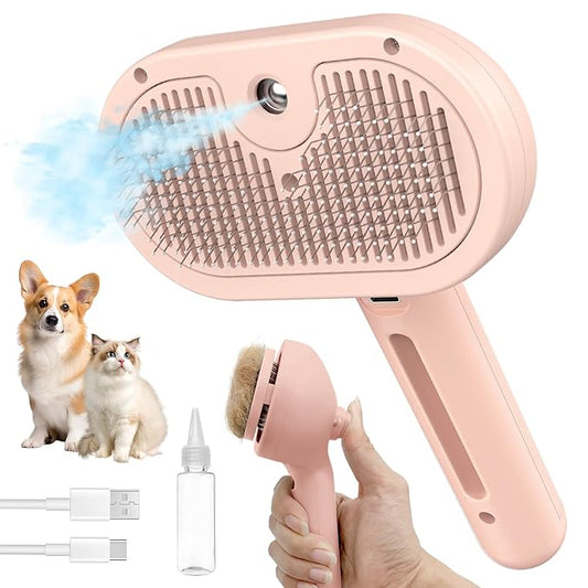 3-in-1 Self-Cleaning Steam Brush - Anti-Static, for Grooming Long & Short Pet Hair, Reduces Shedding, Pink-PawvioPets