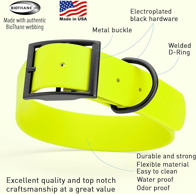 Dogline Biothane Waterproof Dog Collar Strong Coated Nylon Webbing with Black Hardware Odor- Proof for Easy Care Easy to Clean High Performance Fits Small Medium or Large Dogs, Safety Yellow-PawvioPets