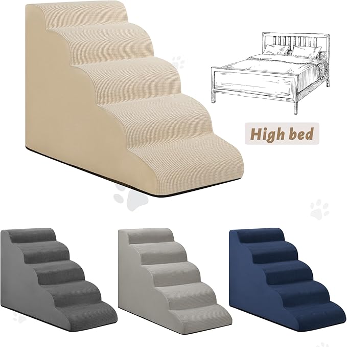 5-Step Dog Stairs and Ramp for High Bed,Non-Slip Sturdy Pet Steps for Small Dogs and Cats,22.2" H,Beige-PawvioPets