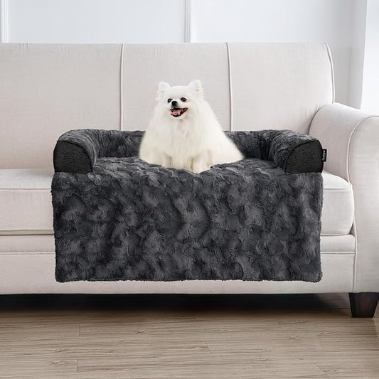 Calming Medium Dog Bed for Couch, 35 x 31 inch Removable Couch Cover for Dogs Washable, Non-Slip Fluffy Plush Dog Sofa Mat for Furniture Protector - Dark Grey-PawvioPets