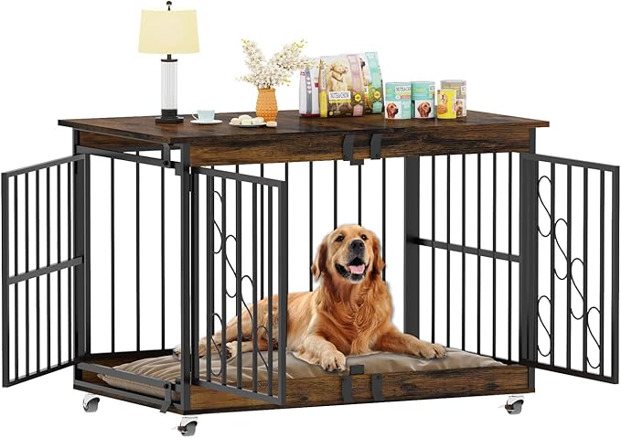 COZPAW Dog Crate Furniture, 48 Inch Dog Crates for Medium/Large Breed, Farmhouse Wood Metal Kennel Indoor Heavy Duty Pet Cage with Caster Wheels (Brown)-PawvioPets