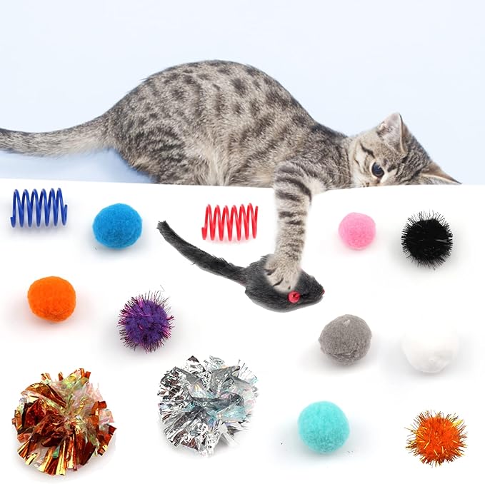 60 Pack Cat Toys - Assorted Kitten, Mouse, Crinkle & Pom Pom Balls-PawvioPets