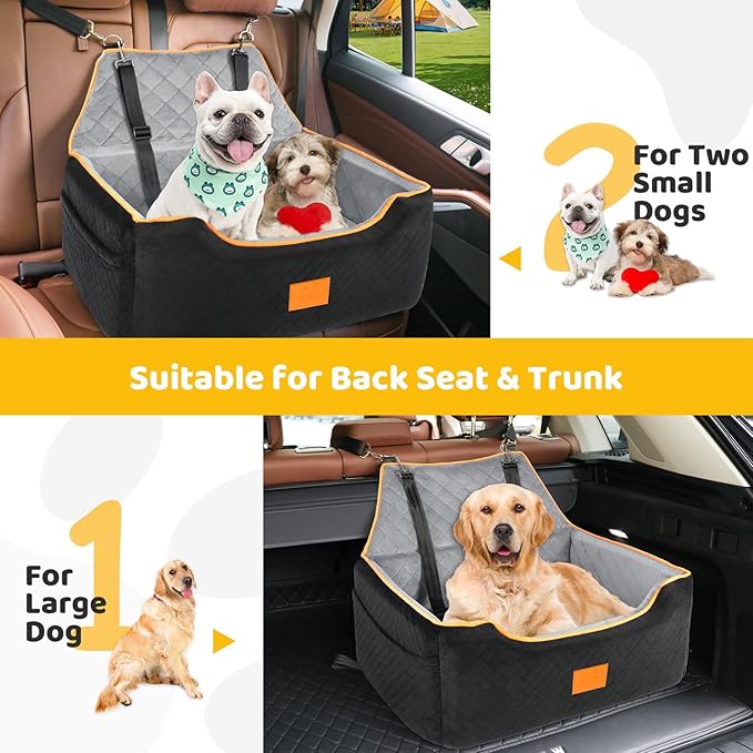 Dog Car Seat for Large/Medium Dog, Booster Seat for Dogs Under 55Lbs or 2 Small, Detachable and Washable Travel Pet Seat with Thick Cushion and Storage Pockets (Black/Gray)-PawvioPets
